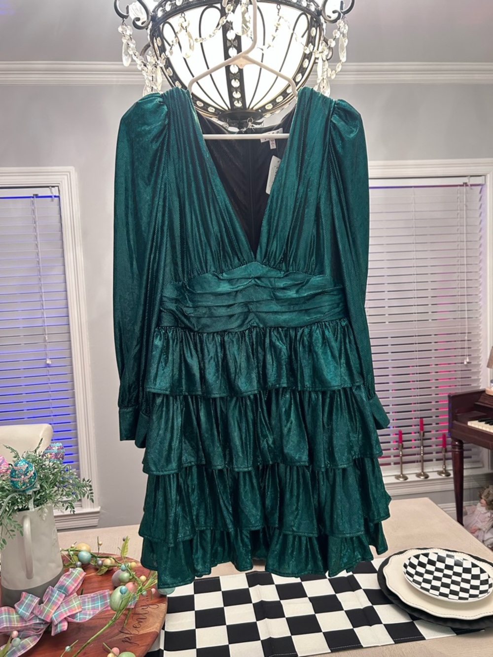 TCEC Emerald Green Long Sleeve Tiered V-Neck Dress